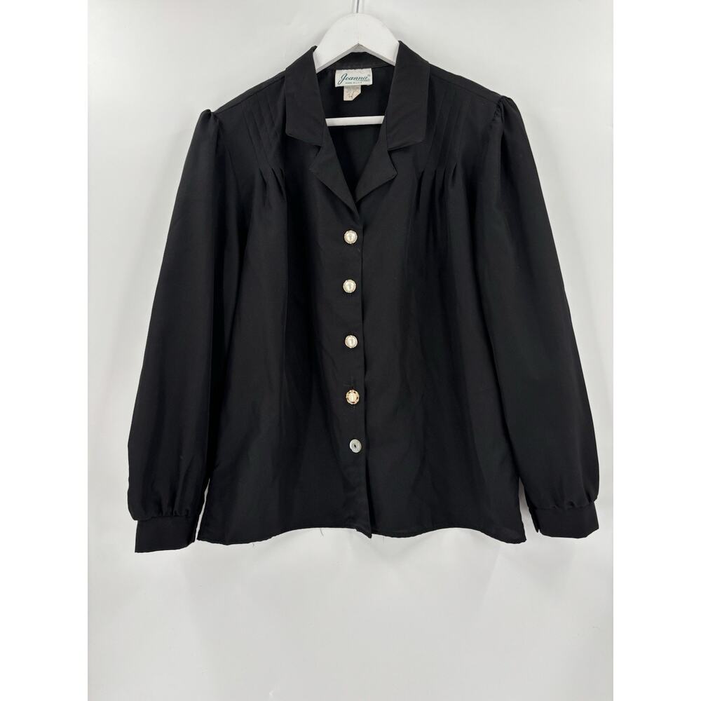 Vintage Joanna Button Up Blouse Womens 16 Black Collared Pleated Pearl Buttons
